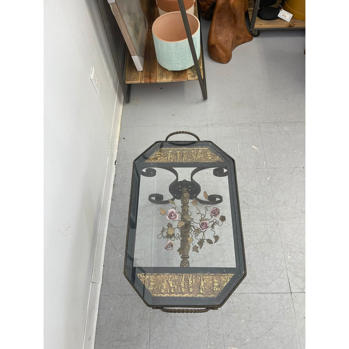 Vintage Wrought Iron Side Table With Ornate Detailing and Glass Top.