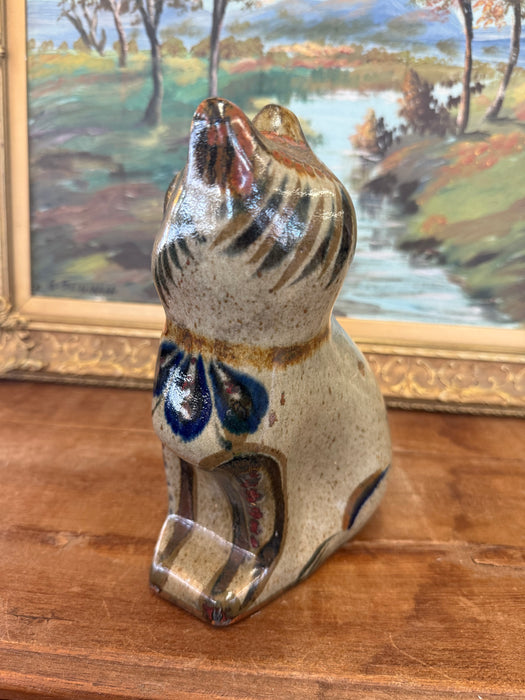 Signed Vintage Mud Century Modern Style Mexican Folk Art Pottery Cat Hand Painted Ceramic Figurine, Studio Clay Cat Decor, Rustic Animal Sculpture