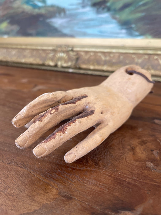 Antique Carved Wooden Articulated Hand Fragment with Original Hook, Likely Religious or Folk Art, 19th Century