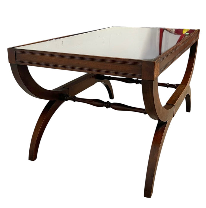 Vintage Neoclassical Style Coffee Table with Removable Glass Top, Curved Saber Legs and Floral Inlay Accents