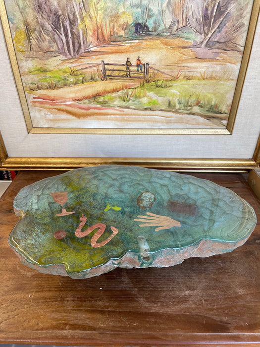 Vintage Cast Sculptural Art Piece with Embedded Figural Motifs and Textured Base