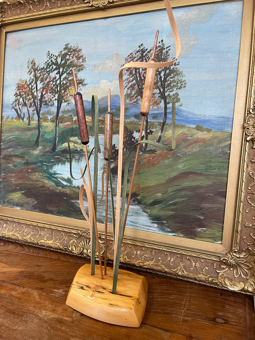 Handcrafted Wooden Cattail a Sculpture by Wood N' Things, Minnesota Studio Craft Botanical Art