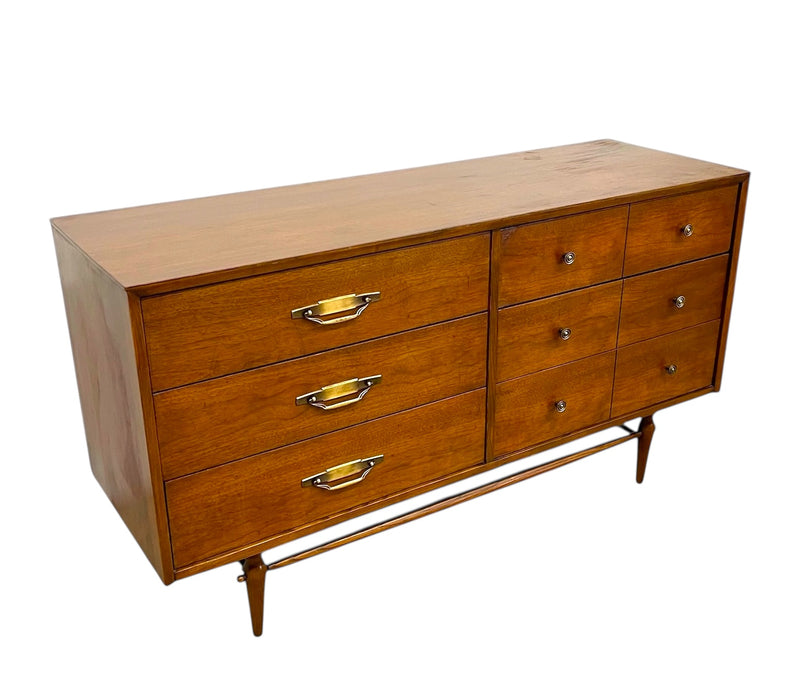 Vintage Mid-Century Modern 6-Drawer Walnut Dresser with Brass Toned Hardware