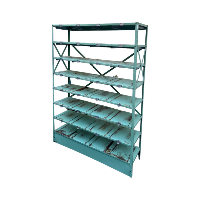 Vintage American Industrial Freestanding Bookshelf or Shelving Wall Unit With Patina Green Paint Finish