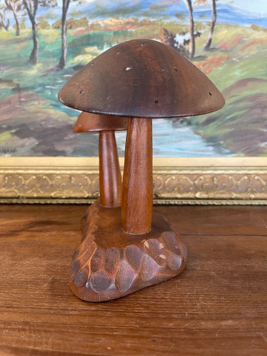 Vintage Mid-Century Hand-Carved Monkey Pod Wood Mushroom Sculpture by Leilani, Made in Philippines.