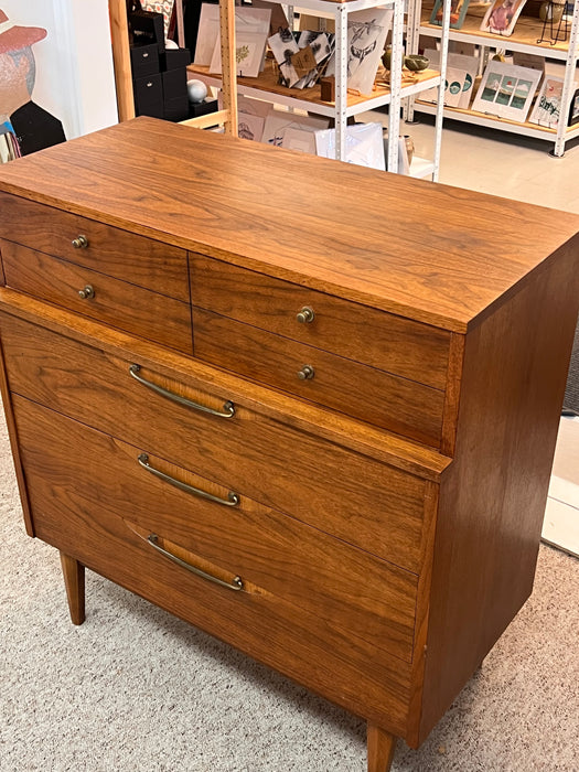 Vintage Mid Century Modern Solid Walnut 4 Drawer Dresser Brass Hardware by Lane Furniture Altavista Line