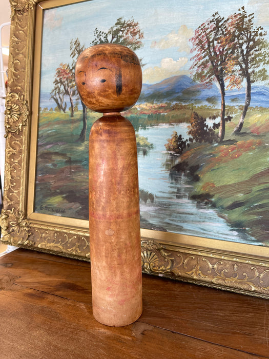 Vintage Japanese Kokeshi Doll with Hand-Painted Floral Detail and Carved Wood Base