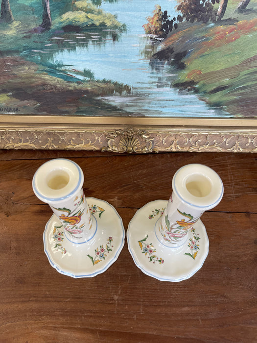 Pair of Hand-Painted French chinoiserie Style Gien France Ceramic Candlesticks - Floral Motif, Stamped