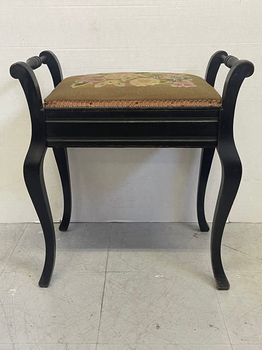 Vintage UK Imported Black Toned Wood Needlepoint Stool Upholstered Accent Bench with Storage on Cabriole Legs