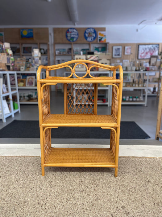 1970s Vintage Likely Rattan and Wicker Shelf with Diamond Lattice Sides and Circle Motif