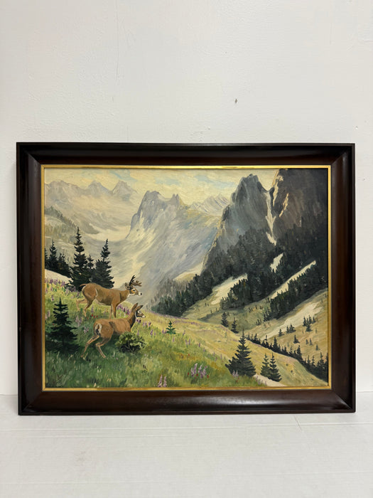 vintage signed mid century modern style framed scenic mountain side painting depicting wandering animals