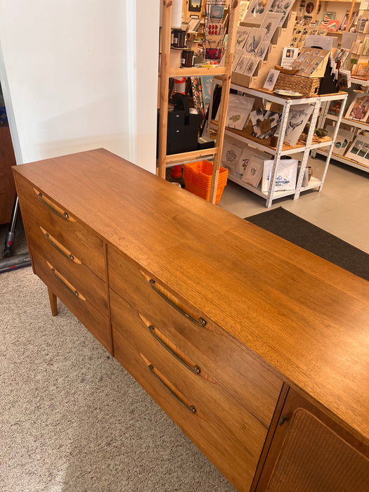 Vintage Mid Century Modern Solid Walnut Dresser with Six Drawers and aCabinet Brass Hardware by Lane Furniture Altavista Line