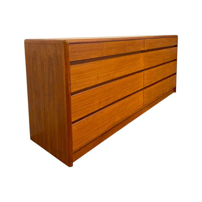 Vintage Mid Century Modern Teak Long Lowboy Double Dresser Credenza.