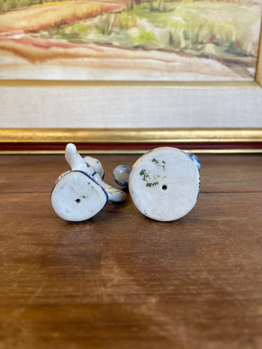 Vintage Blue and White Porcelain Figurine Pair, Hand-Painted Folk Figures