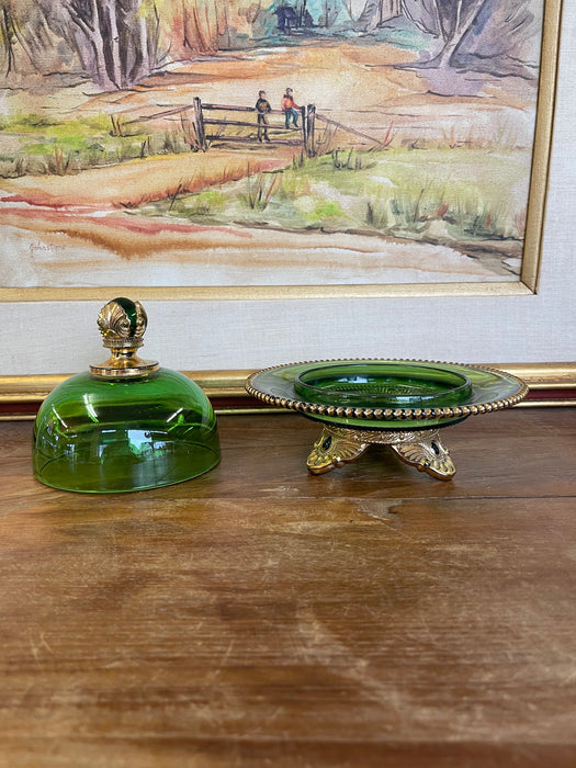 Vintage Green Glass Covered Candy Dish with Pedestal Base and Brass-Toned Mount