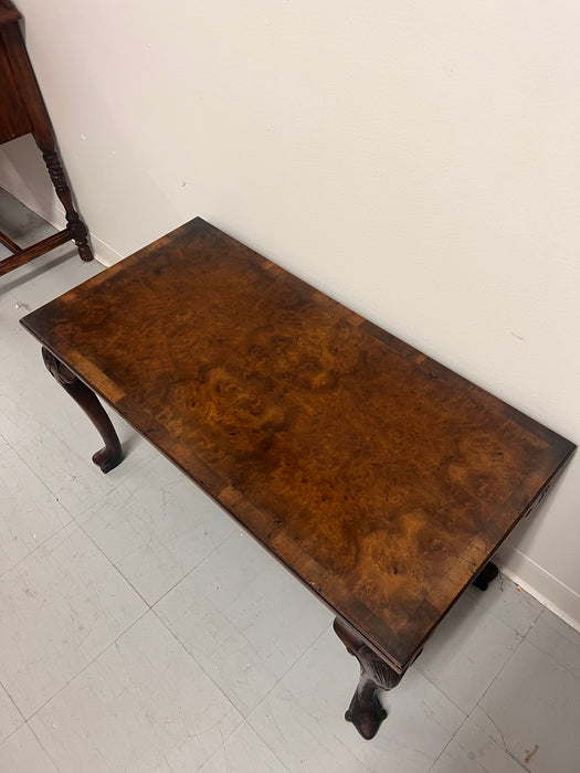 Antique Chippendale Style Solid Wood Coffee Table with Book Matched Walnut Burl Top and Carved Wood Legs. UK Import.