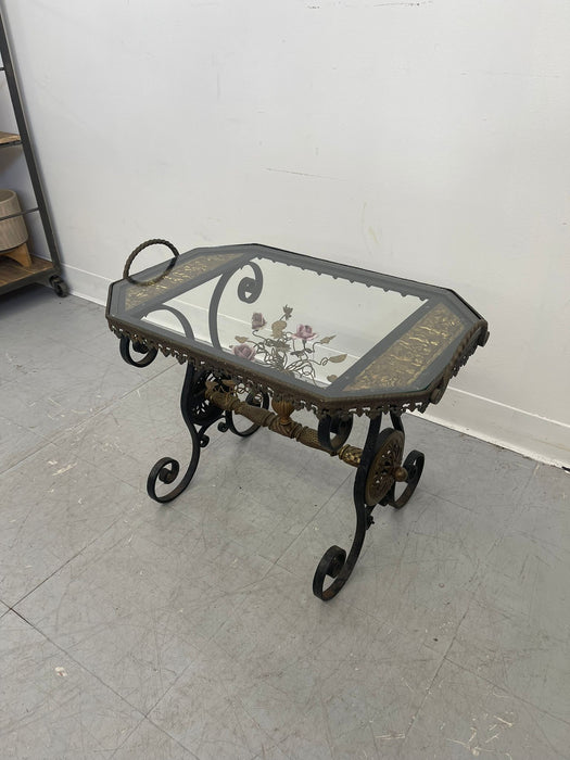 Vintage Wrought Iron Side Table With Ornate Detailing and Glass Top.