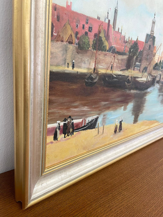 Vintage Mid Century Modern Village Harbor Scene. Signed ‘94. Original Painting.