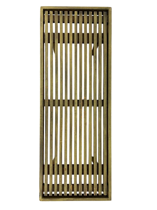 Vintage Mid Century Modern Slatted Wood Bench with Tapered Legs and Brass-Toned Caps