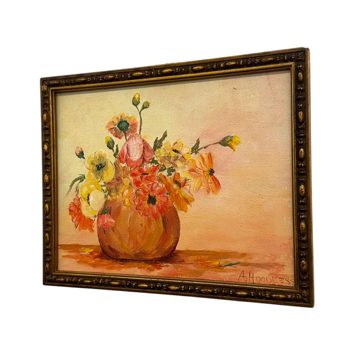 Vintage Floral Still Life Oil Painting – Signed A. Hoodless – Framed Impressionist Flower Art