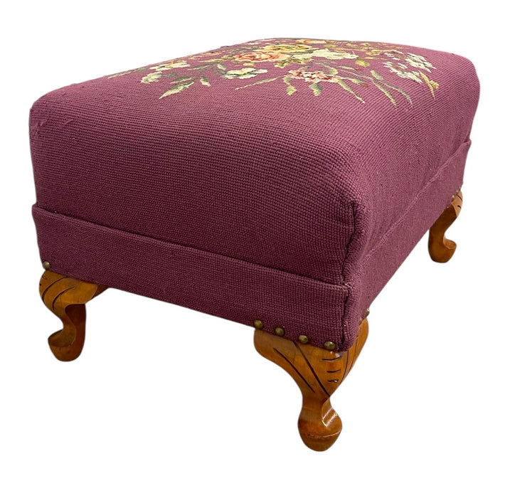 Vintage Upholstered Footstool Ottoman with Floral Needlepoint and Carved Wood Legs