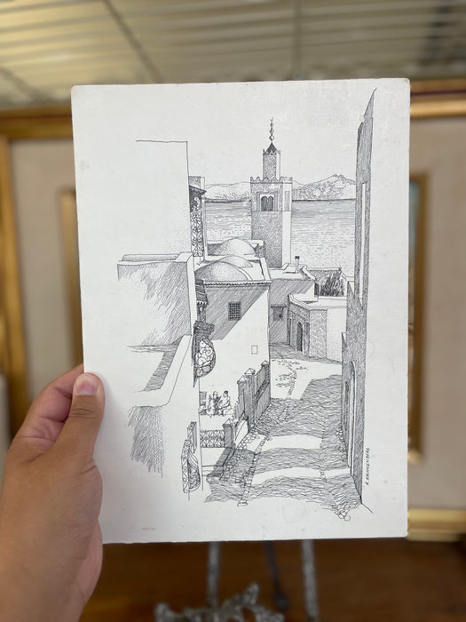 Vintage 1971 Tunis Tunisia Architectural Ink Drawing by K. Winnenberg, Street Scene Artwork