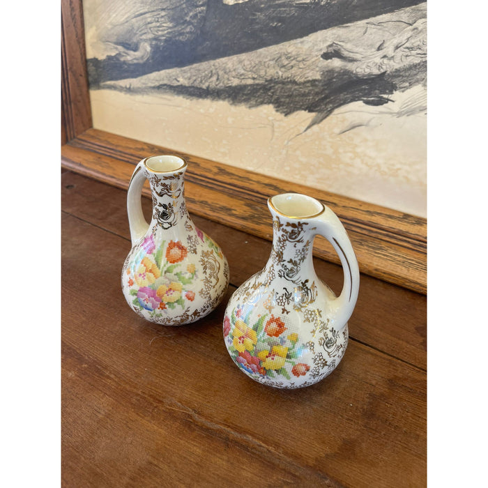 Pair of Vintage White Vases With Flower Motif