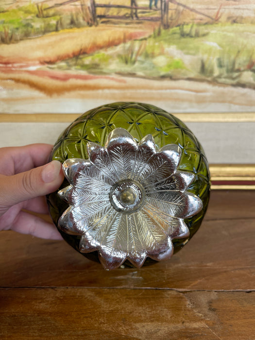 Vintage Green Pressed Glass Bowl with Scalloped Rim and Silver-Toned Floral base.