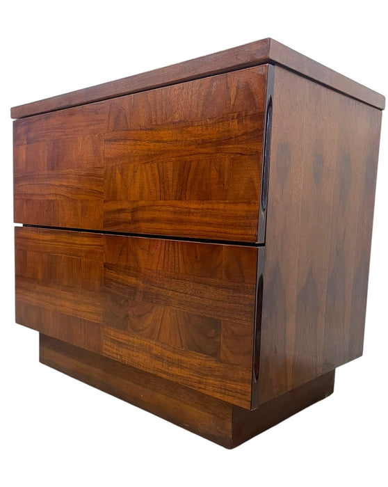 Vintage Mid-Century Modern Two-Drawer Nightstand with Book-Matched
Wood Grain
