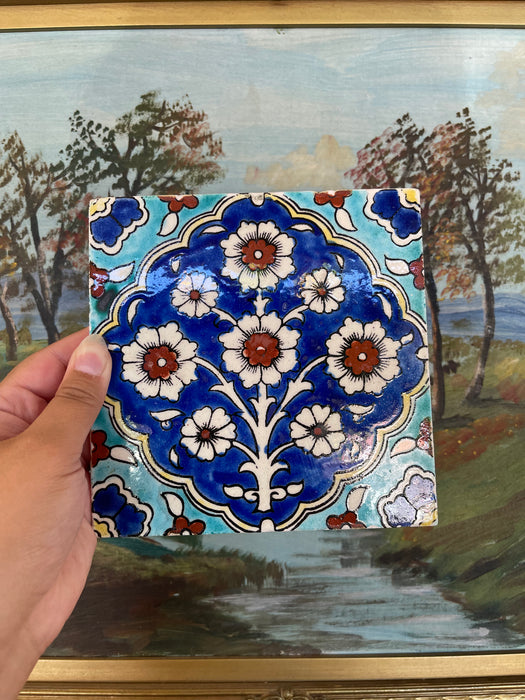Hand-Painted Glazed Ceramic Tile with Ottoman Floral Motif in Cobalt and Turquoise