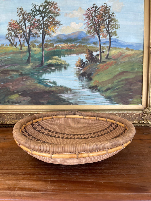 Vintage Likely Early 20th Century Native American Mission Basketry Bowl with Stepped Geometric Pattern.