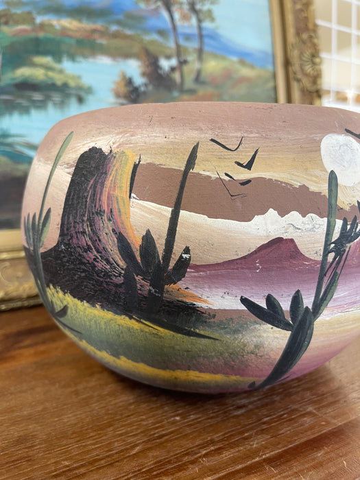 Hand-Painted Terracotta Desert Landscape Pot Marked "Mexico"