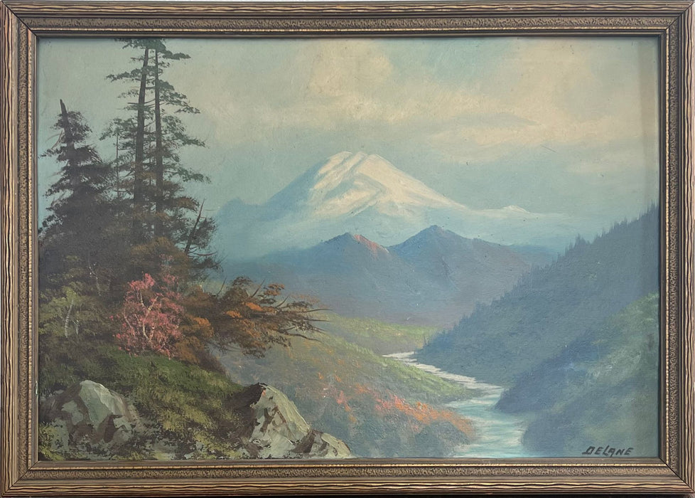 Vintage DELANE Signed mid Century modern style mountain painting on board.