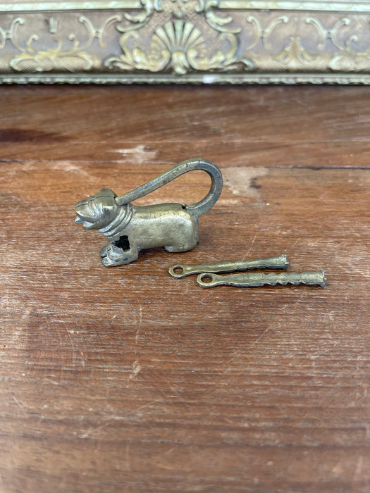 Antique Likely Brass Figural Dog Puzzle Lock with Original Keys, Early 20th Century