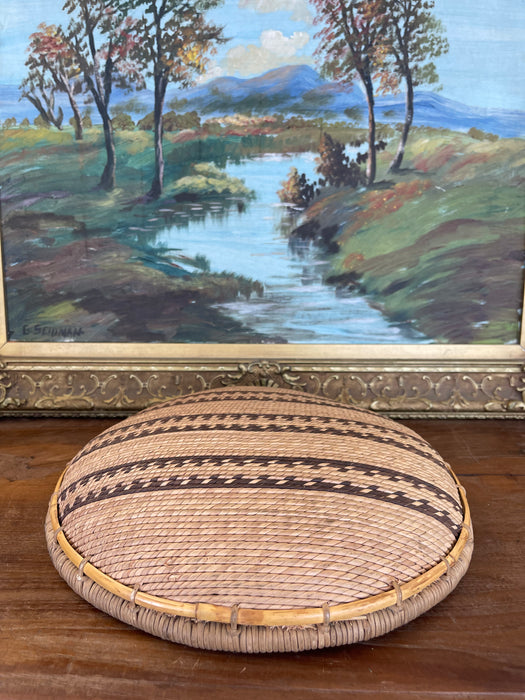 Vintage Likely Early 20th Century Native American Mission Basketry Bowl with Stepped Geometric Pattern.