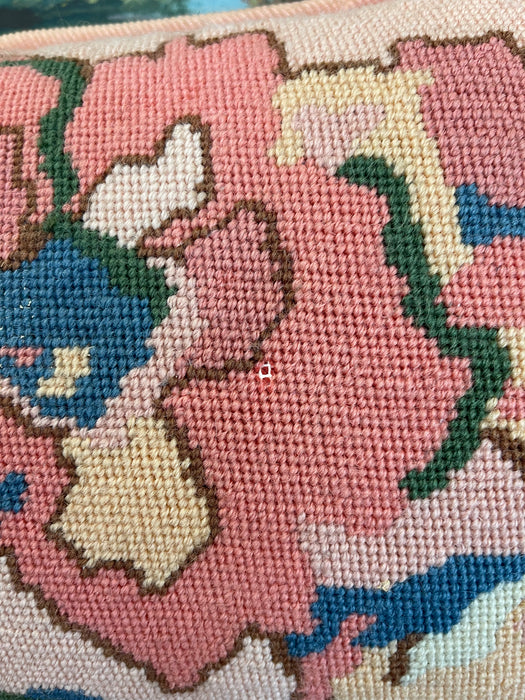 Handmade Needlepoint Floral Pillow with Pink Corduroy Backing - Accent Cushion, Made in Seattle