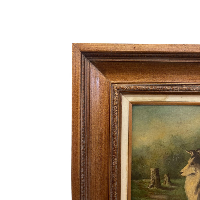 Antique Framed Oil Painting of Two Collie Dogs in Woodland Landscape, Traditional Canine Portrait Possibly 1890s