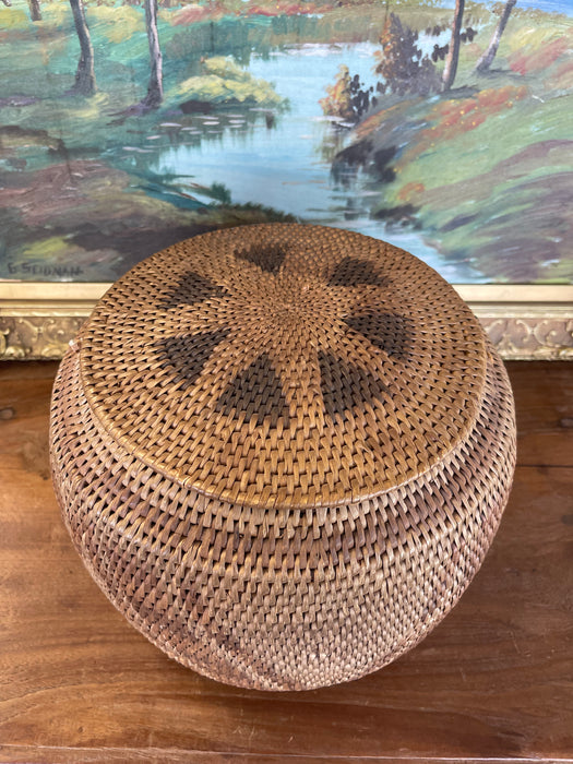 Vintage Handwoven Southeast Asian Rattan Lidded Basket with Saburst and Diamond Weave pattern