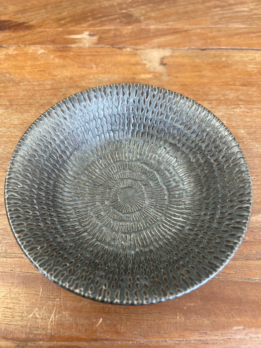 Textured Studio Pottery Bowl in Dark Iron-Glaze Finish with Radiating Pattern