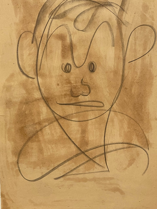 Vintage Abstract Portrait Drawing on Toned Paper by Jerry Owens, Modernist Figurative Artwork.