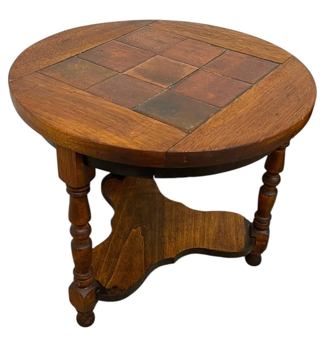 Vintage Arts & Crafts Tile Top Side Table with Turned Legs and Lower Shelf