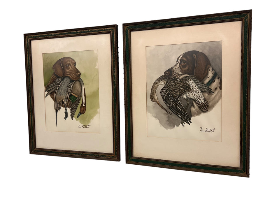 Pair of Original Hunting Dogs with Foul Watercolor Painting by French Artist and Cartoonist Jean Herblet Signed