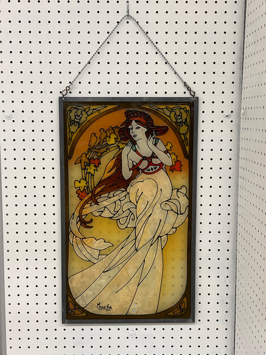 Early 20th Century Antique Art Nouveau Style Stained Glass Hanging Panel by Alfons Mucha Signed