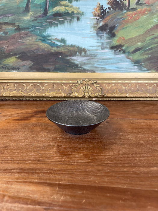 Textured Studio Pottery Bowl in Dark Iron-Glaze Finish with Radiating Pattern
