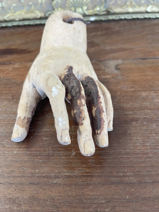 Antique Carved Wooden Articulated Hand Fragment with Original Hook, Likely Religious or Folk Art, 19th Century