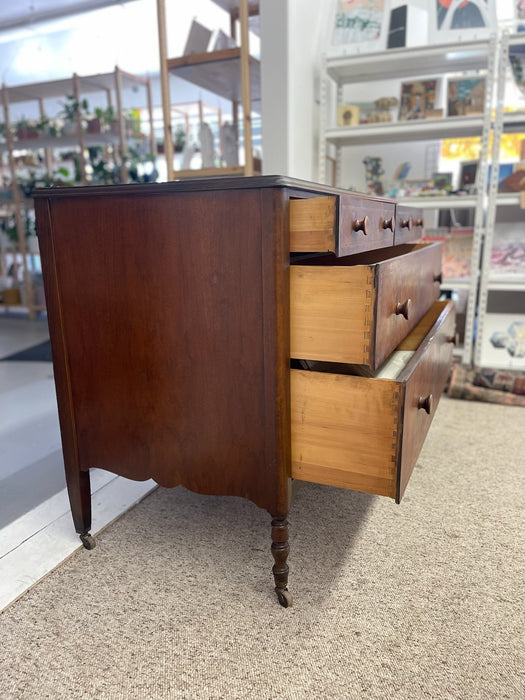 Possibly Early 19th Century Likely Mahogany Chest of Drawers with Dovetailed Drawers, Burl accents, Wood Inlay, and Turned Knobs, Stamped