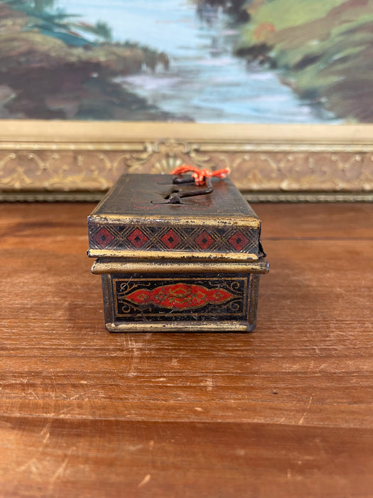 Likely Antique Toleware Painted Tin Lock Box with Key, 19th Century