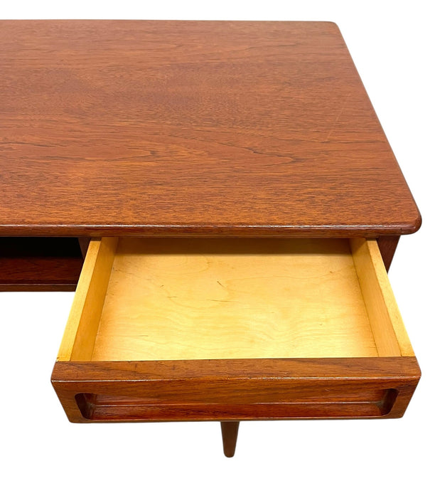 Vintage Mid Century Modern Danish Style Coffee Table with Sculpted Drawer Pulls and Open Shelf Storage