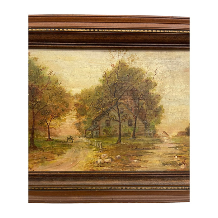 Vintage Framed Rural Landscape Painting on Canvas Board, Signed G.E.K.