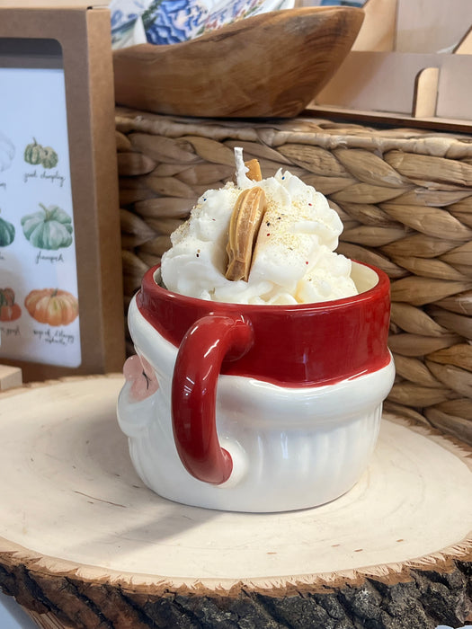 Jolly Ol' Handpainted Ceramic Santa Mug with  Festive Hand Crafted Vanilla Scented Soy Candle Representing Whipped Cream and Pretzels